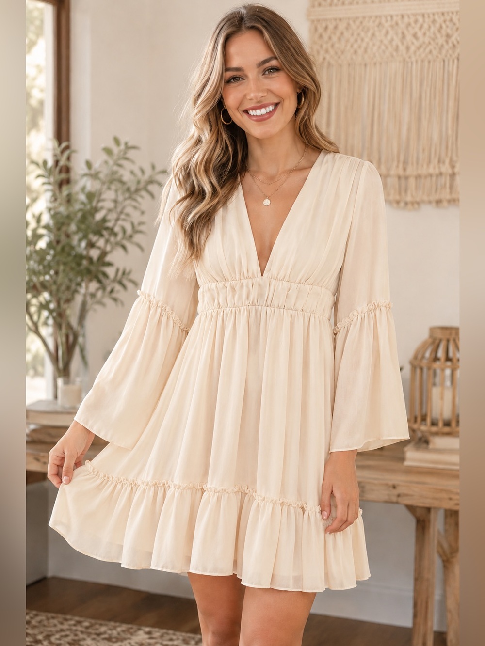 Missord Cream Chiffon Ruffle Tiered Mini Dress Plunging Neck Coquette Flowy XS